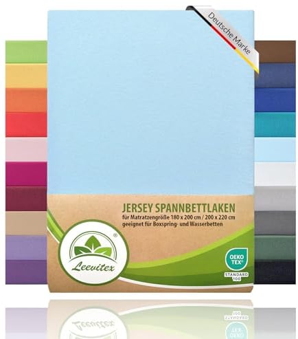 Boxspringbett & Wasserbett Spannbettlaken von leevitex® | Spannbetttuch | Jersey 180 x 200-200 x 220 cm, 40cm Steghöhe 100% Baumwolle ca. 170 g/m² (Hellblau/Himmelblau)