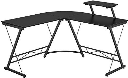 Yaheetech Bureau d'angle en Forme de L Table d'angle Informatique avec Support d'écran Amovible Pieds Réglables 130 x 130 x 75 cm en Bois et Métal Noir