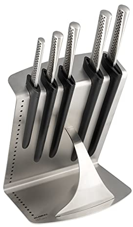 Global UKON 6-Piece Professional Kitchen Knife Set, CROMOVA 18 Stainless Steel – Contains 5 Kitchen Knives & 1 Knife Block, Silver