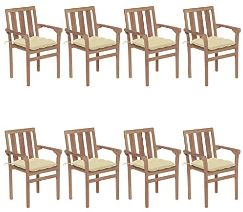 Rillbus Gartenstühle 8er Set Holzstühle, Stapelbar, Stapelstuhl mit Sitzkissen in Cremeweiß, Balkonmöbel Terrassenmöbel Relaxsessel, Massivholz Teak 58x50x89cm