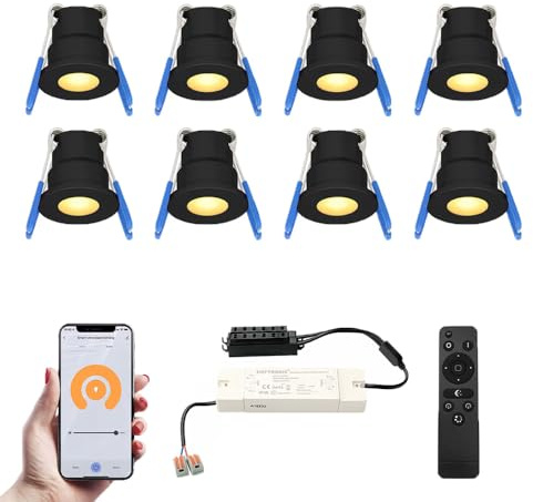 HOFTRONIC Milano - 8er Mini LED Einbaustrahler 12V Schwarz - Smart Home - WiFi + Bluetooth - IP65 Wasserdicht Dimmbar - 2700K Warmweiß - Google Home, Alexa & Siri - für Terrassendach & Bad