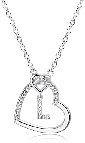 LIHELEI Damen Halskette Herz Buchstabe 925 Silber Kette Damen Personalisiere Kette, Geburtstags und Weihnachten Geschenk Für Frauen Mädchen Mama Freundin - L