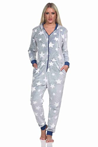 Normann Damen Schlafanzug Jumpsuit Overall in Sterneoptik aus kuschelig warmen Coralfleece