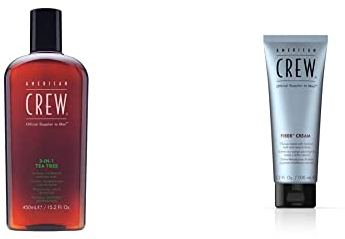 AMERICAN CREW – 3-in-1 Tea Tree Shampoo, Conditioner & Body Wash mit Teebaumöl, 450 ml, Pflegeshampoo und Spülung für Männer & Fiber Cream, 100 ml, Stylingcreme für Männer