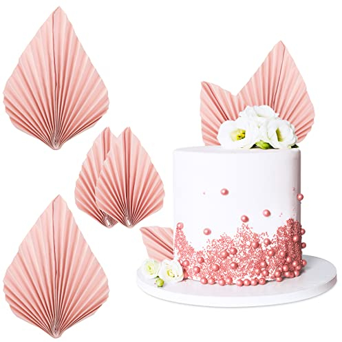 4pcs Palm Scallop Cake Toppers Paper Palm Spear Leaf Pink Leaf Fan Cupcake Toppers DIY Cake Decoration for Birthday Wedding Party