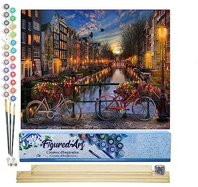 Figured'Art Peinture par Numéro Adulte Canal Amsterdam - Activité Manuelle Kit de Loisir Créatif DIY Numéro d'Art Complet - 40x50cm avec châssis en bois à monter