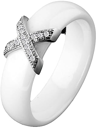 MIATCENRT X-Kreuz-Keramikring – Damenring Aus Weißer Keramik Mit Kristall, 6 Mm, Ringe Für Damen Und Herren, Plus Große Größen 10 11 12, Modisches, Trendiges Schmuckzubehör, Weiß, 9