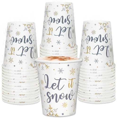 Whaline 50 Stück Weihnachts-Einwegbecher Weihnachten Gold Grau Schneeflocke Pappbecher Winter Let it Snow Partybecher für Saft Kaffee Heiße kalte Getränke Getränke, 266 ml