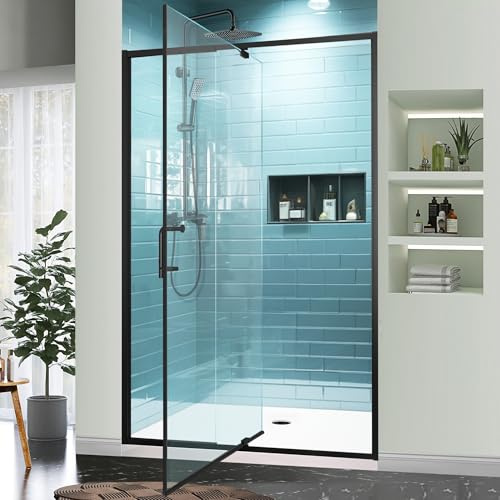 GroGro 44-48 W x 71 H Semi-Frameless Pivot Swing Glass Shower Door,Pivot Shower Door with 1/4 (6mm) Clear SGCC Tempered Glass,Matte Black Finish,Reversible Installation