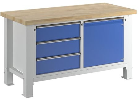 ANKE | Schwerlast-Werkbank | Plattenbreite 1500 mm | mit 3 Schubladen und 1 Flügeltür | Plattenstärke 50 mm