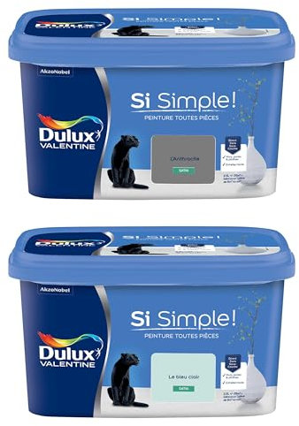 Dulux Valentine Peinture Si Simple Peinture Intérieure Toutes Pièces Satin - Peinture Murs et Plafonds, Portes et Plinthes - Lot de 2 - Couleurs : L'Anthracite & Le Bleu Clair 2,5 L