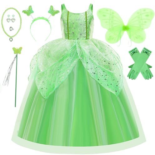 Tyidalin Déguisement Robe Fée Clochette Filles Costume Princesse Enfant Verte avec Ailes Pour Carnaval Fête Anniversaire Noël