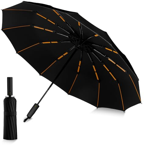 MSIHEY Sturmfester Automatik-Reiseschirm Mit 12 Rippen - Großer Windbeständiger Regenschirm, Faltbar Und Leicht Für Herren Und Damen (Schwarz)