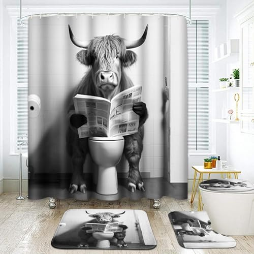 ArtSocket Farmhouse Highland Cow Badezimmer-Set mit Duschvorhang und Teppichen und Zubehör, grauer lustiger Stier, rustikal, niedlich, grauer Duschvorhang für Badezimmer, Dekoration, 4-teilig