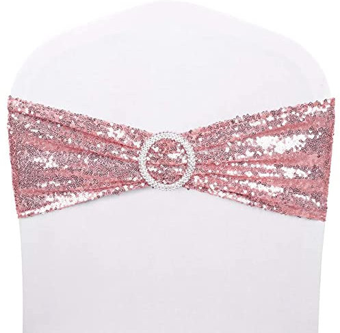 Écharpes extensibles en élasthanne avec boucle, décoration à paillettes sur un côté pour mariage, hôtel, banquet, fête d'anniversaire, décoration de maison (or rose, 20)