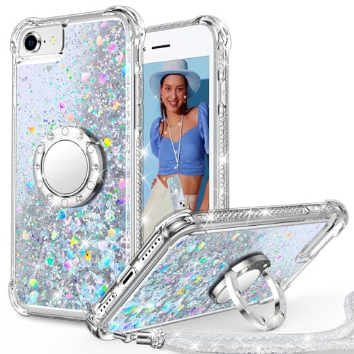 Unlicaku for iPhone SE 2022/2020/8/7 Case - Holographic Sparkle Glitter Cute Diamond Ring Protective Phone Case, Clear Silver
