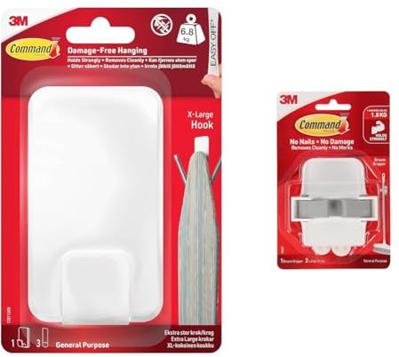 Command Utility Hook, X-Large for Heavyweight - 1 Hook in White and 3 Adhesive Strips & 17007-ES Plastic Broom Gripper, 1 Broom Holder and 2 Adhesive Strips
