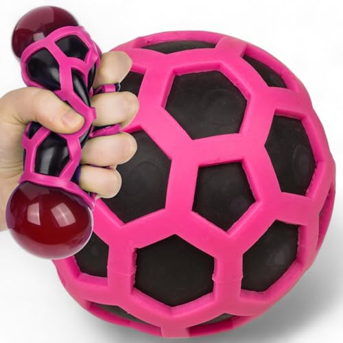 MIJOMA Rubbery Squeeze-Ball – Antistressball im farbenfrohen Gummi-Netz, Spaß & Entspannung für Groß und Klein, Spielzeug gegen Stress, Ø 8 cm (Pinke Edition)