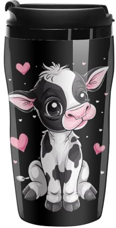 Taza de café reutilizable con estampado de vaca linda con tapa