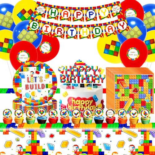 Building Block Party Supplies - Kids' Birthday Party Decoration Set, Tableware, Balloons, Plates, Napkins, Table Cloth