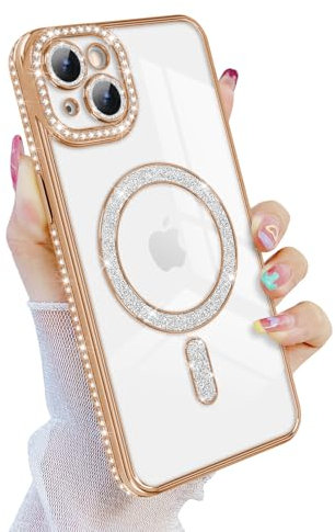 Newseego Magnetic Case for iPhone 15 Plus [Compatible with Magsafe], Sparkle Clear Glitter Luxury Shockproof Anti-Slip Girls Women Lens All Inclusive Soft TPU Cover for iPhone 15 Plus-Golden