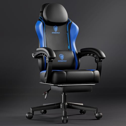 Dowinx Gaming Stuhl, Ergonomischer Gamer Sessel aus PU-Leder mit Lendenstütze, Massagefunktion und breiter Rückenlehne, Belastbar bis 150 kg, Blau
