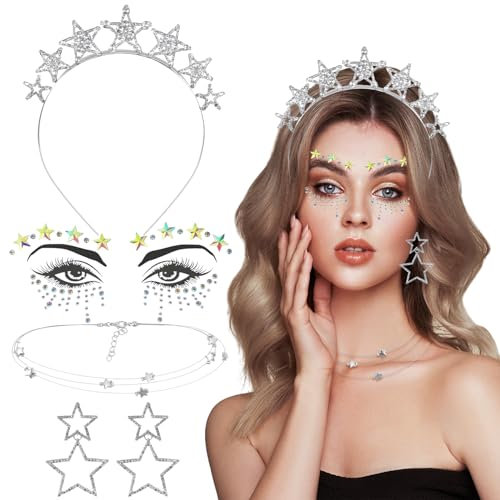 HOWAF Stern Kostüm, Stern Haarreif Sterne Silber Strass Haarband, Stern Ohrringe, Halskette, Gesichtstattoo Karneval für Sternen Kostüm Damen, Halloween Kostüm, Fasching Kostüm, Karneval Kostüm