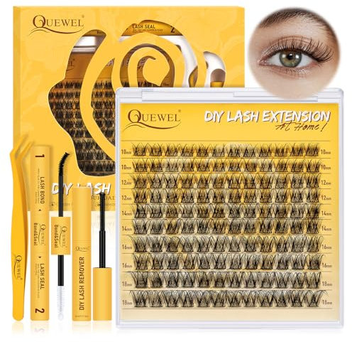 QUEWEL Ensemble d'extensions de cils styles naturels, extension de cils avec bande fine et légère, cils en grappe adaptés au bricolage à la maison (Natural-JX01-KIT)