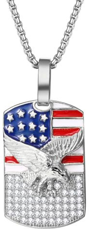 Flongo USA Flag Anhänger Halskette：Edelstahl Silber amerikanische Flagge Adler Kette mit Zirkonia American Flag Halsreif Hip Hop Medaille Schmuck Herren Damen Geschenk USA Unabhängigkeitstag