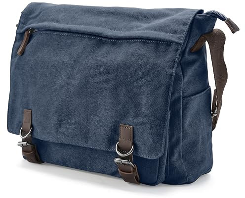 Trendhim Messenger Bag Herren | Canvas Umhängetasche mit Lederdetails & Laptopfach | Schultertasche für Alltag, Arbeit, Büro & Freizeit, 15 Zoll | Blau