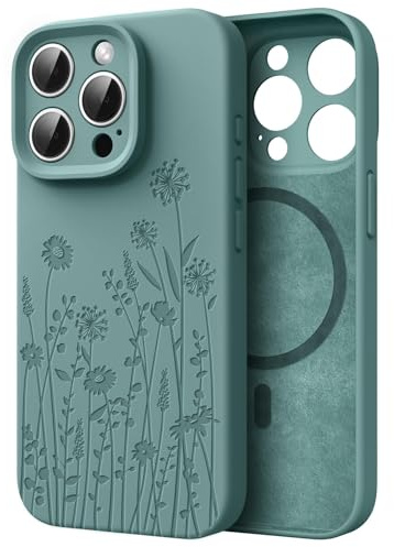 for iPhone 15 Pro Phone Case for Women Compatible with Magsafe, Hard Liquid Silicone Cute Mint Green Spring Floral Design Shock Proof Heavy-Duty Protection for Women Girls