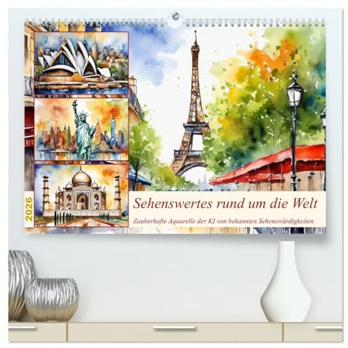 Sehenswertes rund um die Welt (hochwertiger Premium Wandkalender 2026 DIN A2 quer), Kunstdruck in Hochglanz: Zauberhafte Aquarelle der KI von bekannten Sehenswürdigkeiten (CALVENDO Orte)