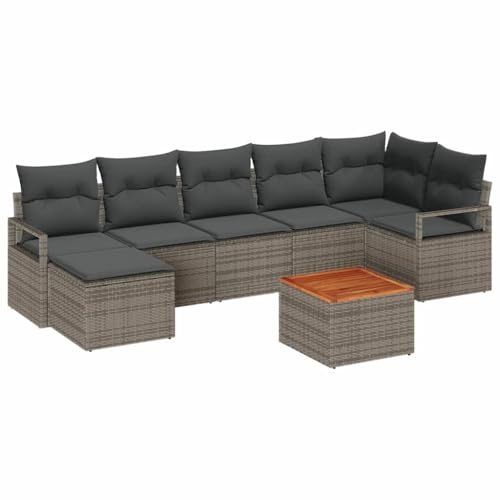 vidaXL 8-teiliges Gartensofa-Set mit Kissen in Grau aus Poly-Rattan und Akazie – Möbel für die Terrasse, Lounge und modulare Sofa-Anordnung mit Couchtisch.