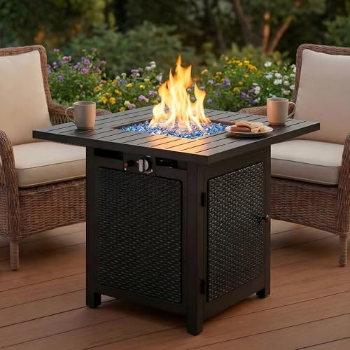 FansaFurn Brasero au propane noir, 50 000 BTU avec couvercle amovible et pierre de lave, table de foyer carrée avec couvercle, 76,2 cm, idéale pour salle à manger ou fête sur la terrasse, le jardin