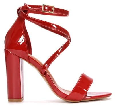 ESSEX GLAM Women's Ankle Strap Block Heel Sandals Ladies Cherry Red Patent Strappy Buckle Prom Party Shoes Size 8