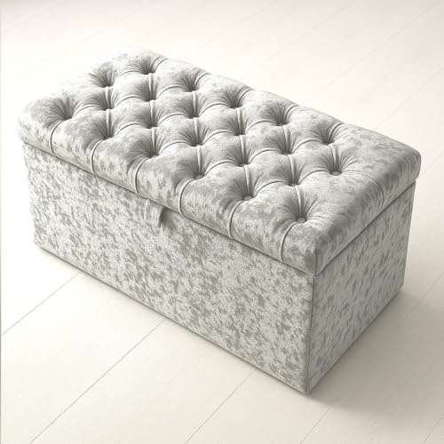 luxisleepltd Spanish Crushed Velvet Fabric Crystal Diamante ottoman storage box blanket box, (Grey, L102cm x W 45cm x H35cm)