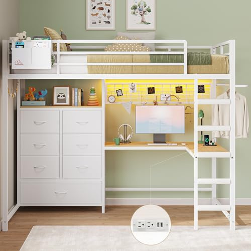 DICTAC Twin Size Loft Bed with L-Shaped Desk and 7 Storage Drawers,Metal Twin Loft Bed for Kids with LED Lights and Charging Station,13.11 H Safety Guardrail and Ladder,No Box Spring Needed, White