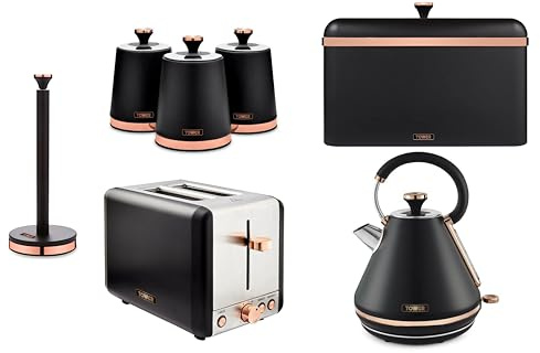 Tower Cavaletto Black 1.7L 3KW Pyramid Kettle, 2 Slice Toaster, Bread Bin, Canisters & Kitchen Roll Holder. Contemporary Kitchen Set of 7 in Matte Black Finish with Rose Gold Accents