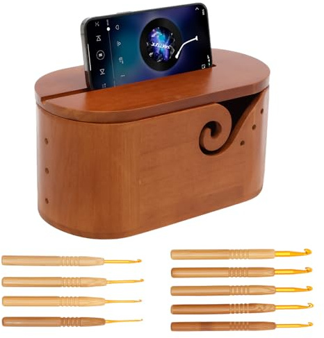 Jokapy Oval Yarn Bowl, Wooden Crochet Yarn Holder with 9pcs Knitting Hooks and Lid Large Capacity Wool Storage Bowls with Phone Holder Crochet Bowl for Crocheting and Knitting Yarns Balls Storage