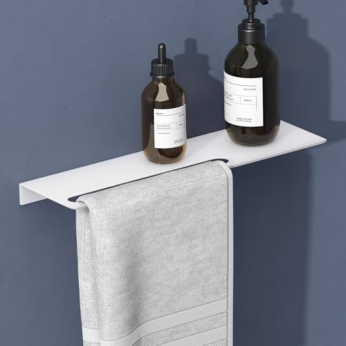 doporro Duschablage ohne Bohren 40cm, Badablage aus Aluminium Matt Weiß | Duschregal ohne Bohren oder zum Bohren, 2 in1 Badregal mit Handtuchhalter, Shampoo Halterung für Dusche und Bad, Reglo-06