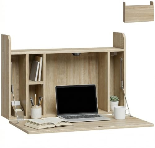 HOMCOM Wall Mounted Desk Drop Leaf Laptop 77cm x 20cm x 51cm Oak | Floating Design, Space Saving Storage Compartments, for Home Office and Study