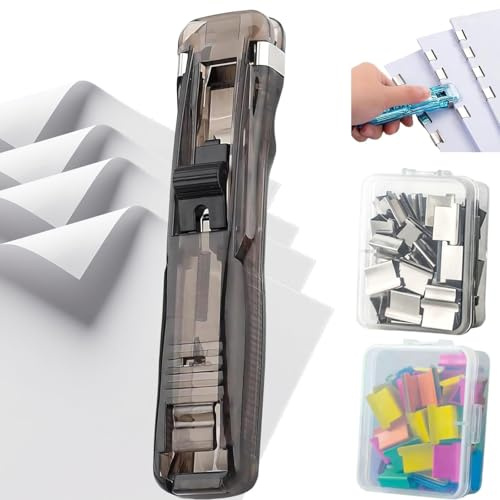 Portable Binder Clip Stapler, Push Clam Clip Dispenser, Klammerloses Heftgerät Mit 100 Stück Heftklammern, Heftgerät Mini, Reusable Creative Stapler Mini Push Hefter (Schwarz)