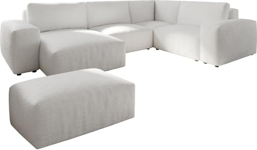 DELIFE Wohnlandschaft Lanzo Bouclé Creme-Weiß 300x210 cm Recamiere variabel mit Hocker