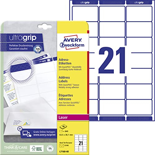AVERY Zweckform L7160-40 Adressetiketten/Adressaufkleber (840 Etiketten mit ultragrip, 63,5x38,1mm auf A4, bedruckbar, selbstklebend, für DIN B6/C6 Briefkuverts, Papier matt) 40 Blatt, weiß