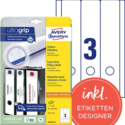 AVERY Zweckform L4759-10 Ordnerrücken Etiketten (30 Rückenschilder mit ultragrip, 61x297mm auf A4, breit/lang, selbstklebend, absolut blickdicht, bedruckbare Ordneretiketten) 10 Blatt, weiß