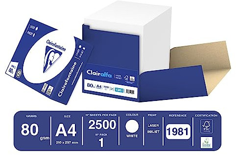Clairefontaine 1981C - Karton mit 2500 Blatt Druckerpapier / Kopierpapier Clairalfa, extraweiß, DIN A4, 80g, Weiß, 1 Karton