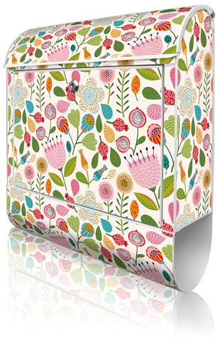 banjado Design Briefkasten 38,5x46,5x13cm & 2 Schlüssel - Briefkasten Stahl Weiß mit Zeitungsfach pulverbeschichtet - Postkasten A4 Einwurf inkl. Montagematerial - Motiv Rosa Kelch Hell