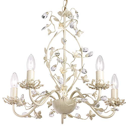 Hanging/Flush Mounted Ceiling Pendant Light – Cream Brushed Gold, Clear & Pearl Acrylic Floral Metal –5X 60W E14 Vintage Candle Lamp Bulb Holder– Feature Chandelier Chain Rose Fitting