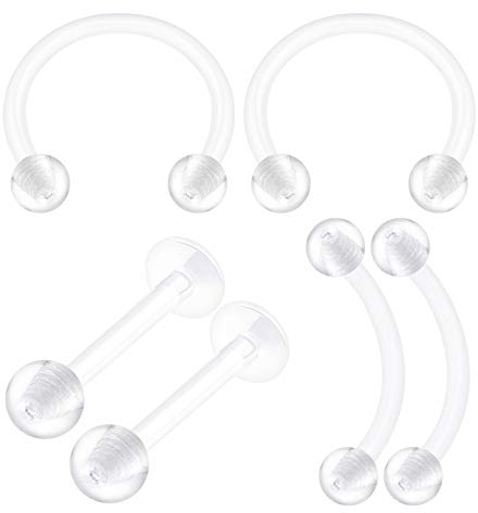 KJM FASHION 6 Stk Flexibel Acryl Retainer Halter Banana Barbell 1,2mm 16g 10mm 3/8 Inch 3mm Kugeln Vertical Labret Eyebrow Ohrringe Piercing Schmuck 2500