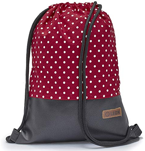 By Bers Leon großer Premium Turnbeutel mit Innentaschen Rucksack Tasche Damen Herren Teenager Gym Bag Draw String 45x34cm für Sport Reise Alltag Einkauf (WeißRot_SchwarzPUKunstlederDots)